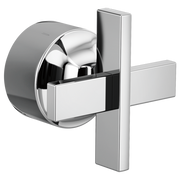 Chrome and gray pressure balance valve trim with cross handle and round mounting plate.