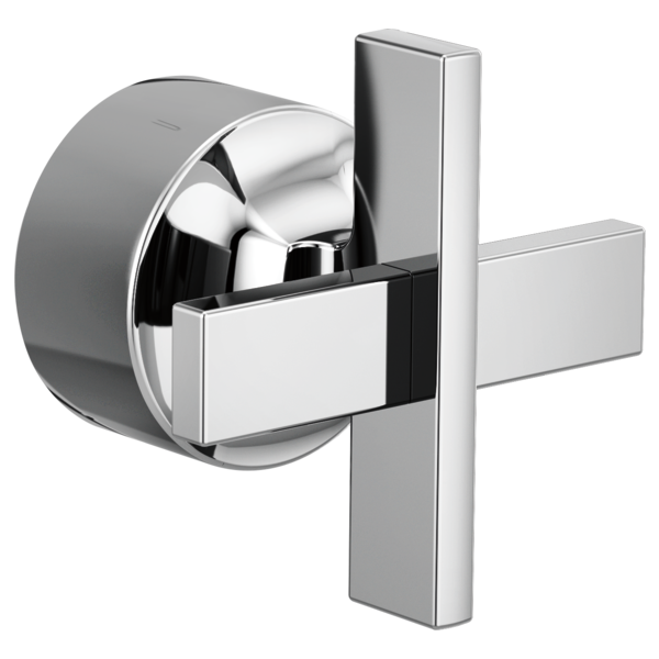 Chrome and gray pressure balance valve trim with cross handle and round mounting plate.