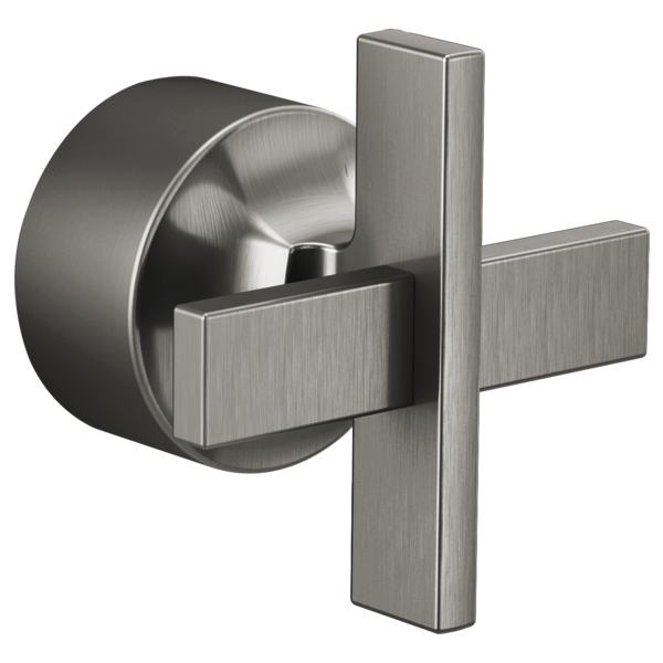 Brushed nickel pressure balance valve trim with cross handles and circular escutcheon plate.