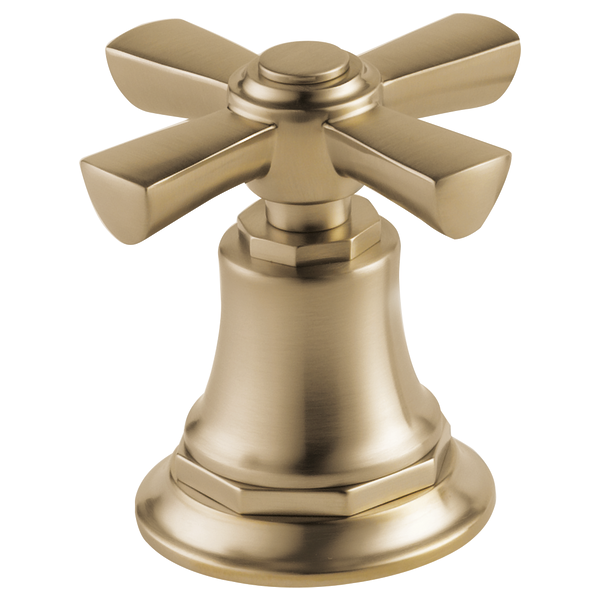 Brushed gold roman tub faucet with four cross handles and bell-shaped base.