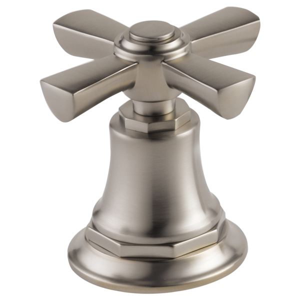 Brushed nickel roman tub faucet handle kit with four-arm cross handles and bell-shaped base.