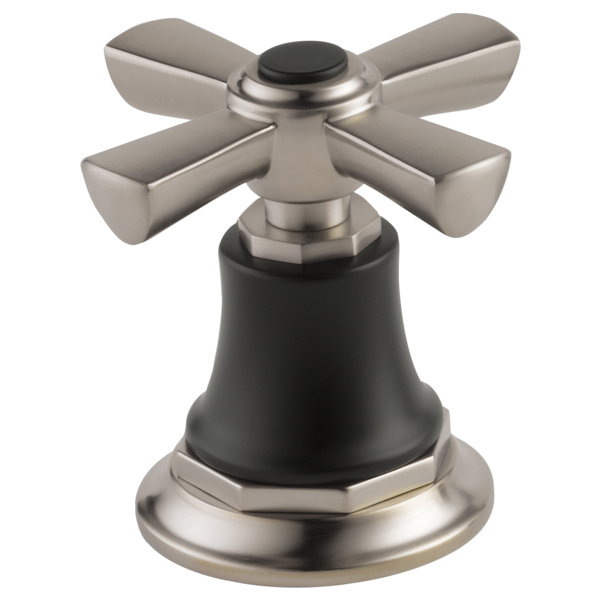 Chrome and black cross handle faucet valve with bell-shaped base for roman tub installation.