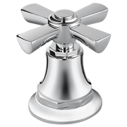 Polished chrome roman tub faucet with four cross handles and bell-shaped body with round base.