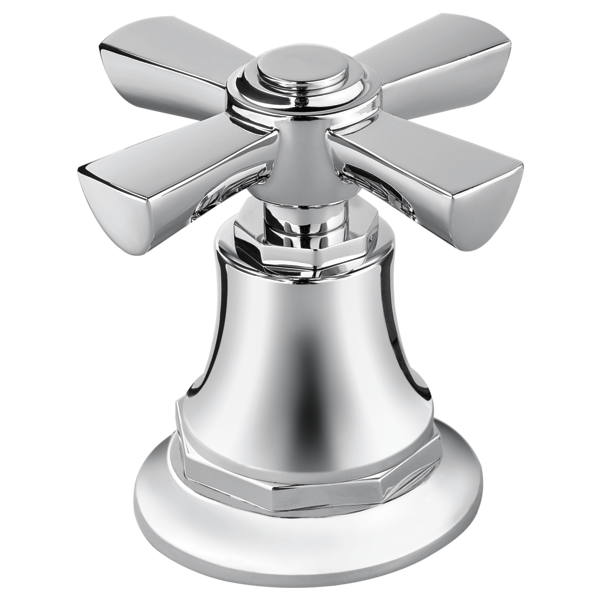 Polished chrome roman tub faucet with four cross handles and bell-shaped body with round base.