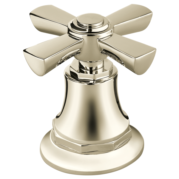 Polished nickel roman tub faucet with four cross handles and bell-shaped spout base.