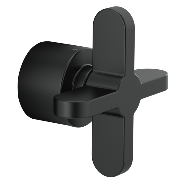 Black thermostatic valve trim with cross-shaped handles and cylindrical body.