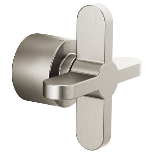 Brushed nickel thermostatic valve trim with cross-shaped handle and cylindrical escutcheon plate.