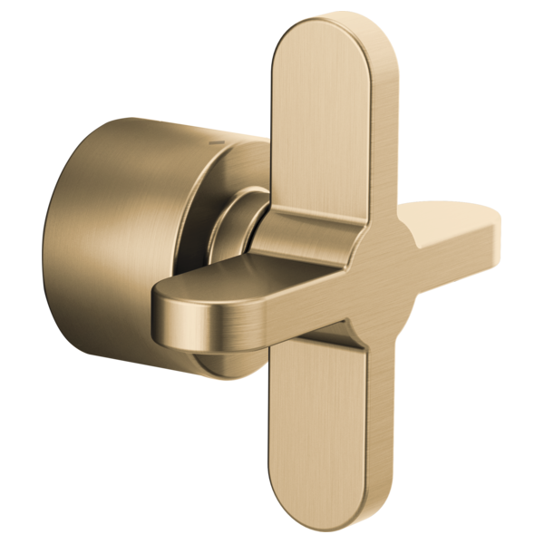 Champagne bronze thermostatic valve trim with cross handle and cylindrical escutcheon plate.