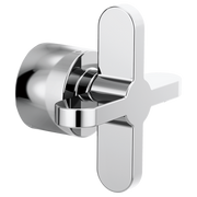 Chrome thermostatic valve trim with cross handle and circular mounting plate.