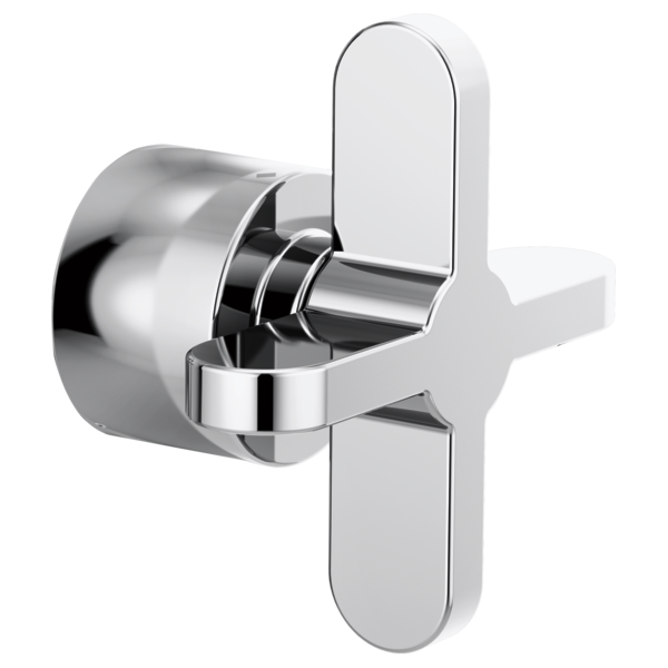 Chrome thermostatic valve trim with cross handle and circular mounting plate.
