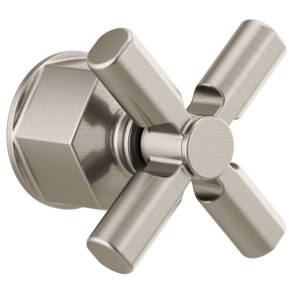 Brushed nickel thermostatic valve trim with four-arm cross handle and round escutcheon plate.