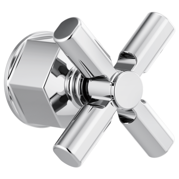 Polished chrome thermostatic valve trim with cross-shaped handle and hexagonal escutcheon plate.