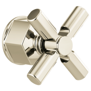 Polished nickel thermostatic valve trim with cross-shaped handle and round escutcheon plate.