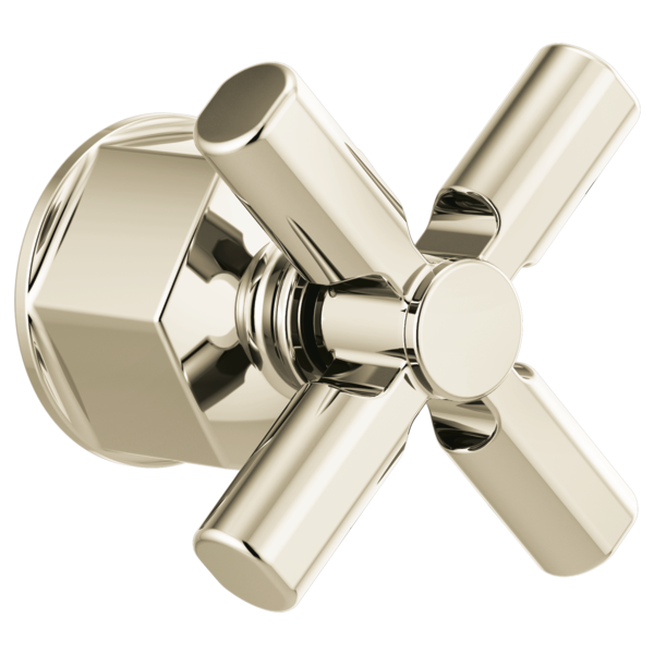 Polished nickel thermostatic valve trim with cross-shaped handle and round escutcheon plate.