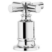 Chrome roman tub faucet with two cylindrical cross handles mounted on a pedestal base.