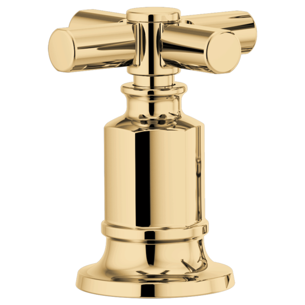 Polished brass Roman tub faucet with two cross handles and cylindrical body.
