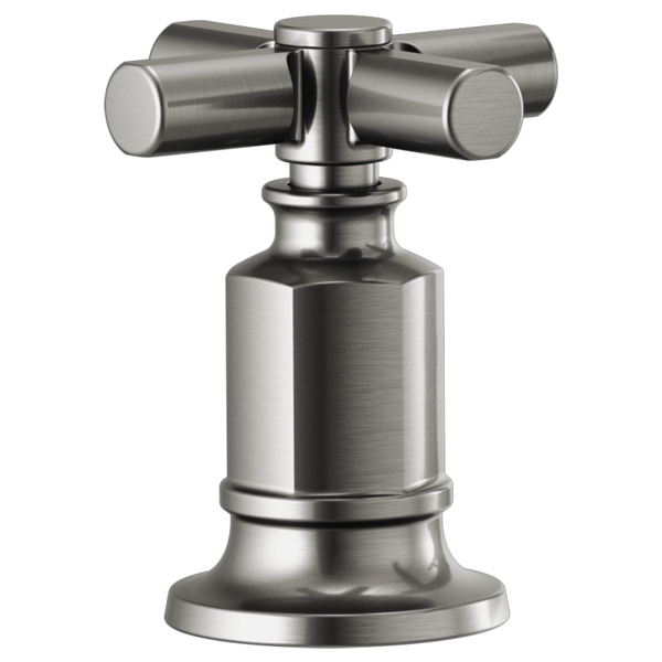 Brushed nickel roman tub faucet with cross handles and cylindrical spout mount base.