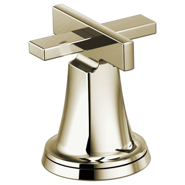 Brushed gold roman tub faucet with cross handles and bell-shaped base.