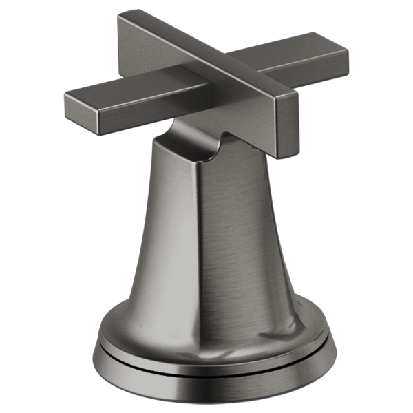 Brushed nickel cross handle kit with cone-shaped base and spout opening for Roman tub faucet installation.