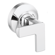 Chrome wall-mount tub filler valve with rectangular cross handle and circular escutcheon plate.