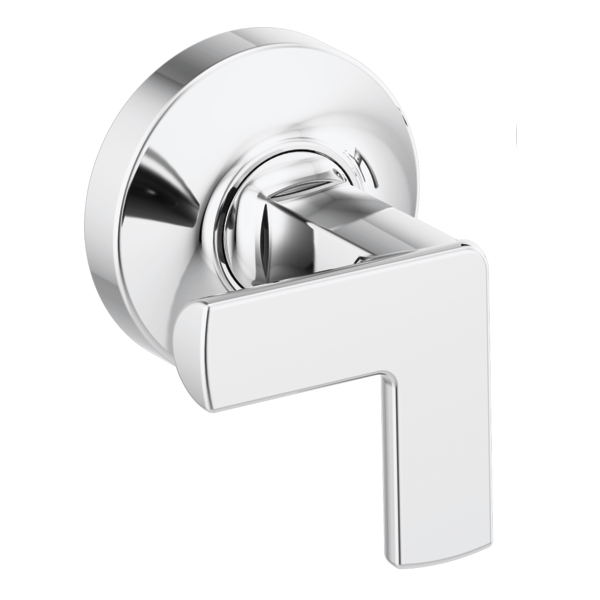 Chrome wall-mount tub filler valve with rectangular cross handle and circular escutcheon plate.