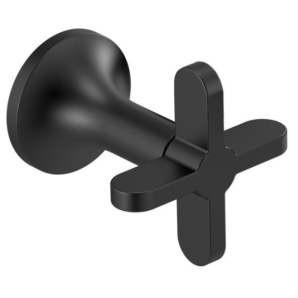 Matte black wall-mounted tub filler with curved spout and cross-shaped handles.