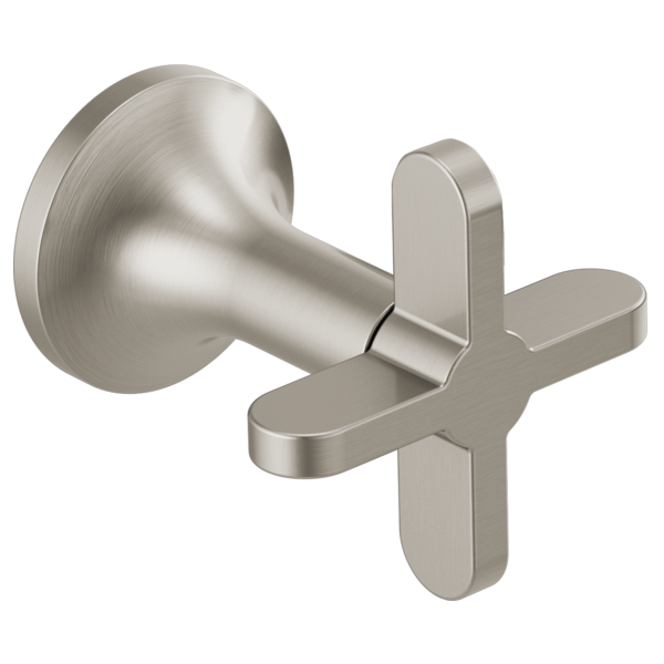 Brushed nickel wall-mounted tub filler with cross-shaped handles and curved spout.