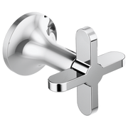 Polished chrome wall-mounted tub filler with curved spout and cross handles.