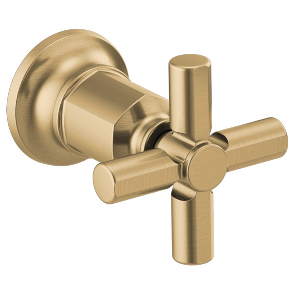 Champagne bronze wall-mount tub filler valve with cross-shaped handles and cylindrical spout.