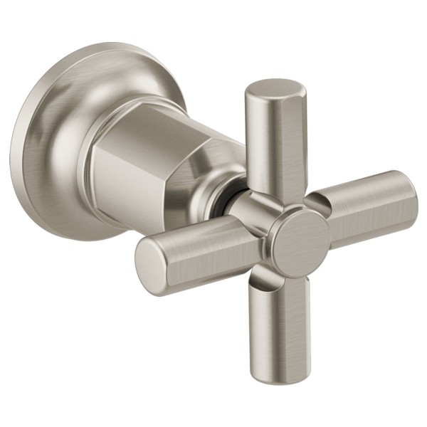 Brushed nickel wall-mount tub filler valve with cross-shaped handles and round escutcheon plate.