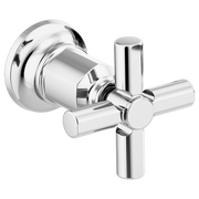 Chrome wall-mount tub filler valve with two cross handles and cylindrical body.