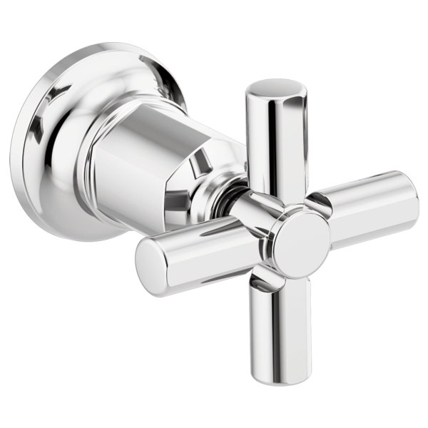 Chrome wall-mount tub filler valve with two cross handles and cylindrical body.