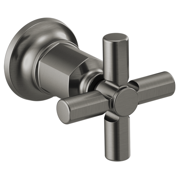 Brushed stainless steel wall-mount tub filler with cylindrical spout and cross handles.