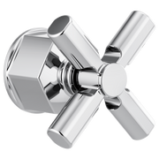 Chrome cross handle tub filler valve with cylindrical handles and round mounting plate.