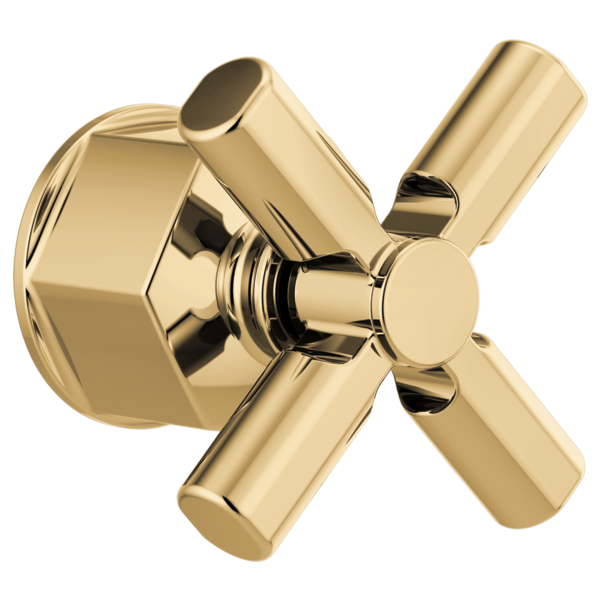 Polished brass cross handle valve with cylindrical spout and hexagonal mounting base for floor-mount tub filler installation.