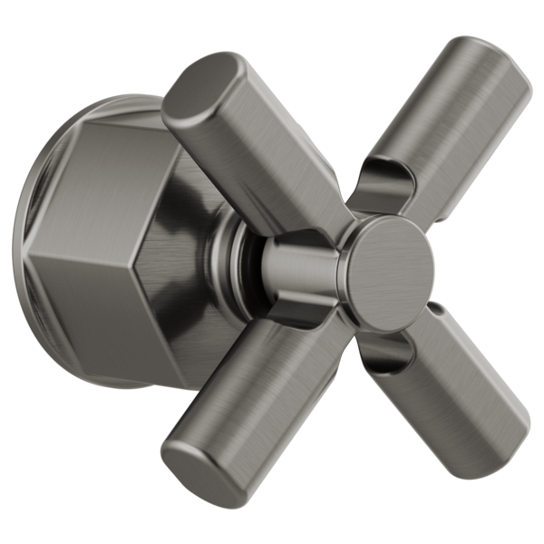 Brushed stainless steel cross handle with round wall-mounted base for tub filler valve.
