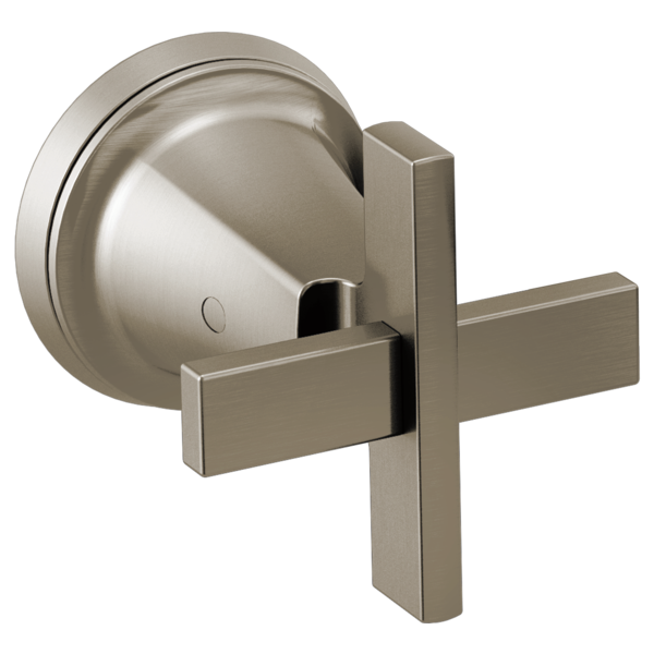 Brushed nickel wall-mount tub filler valve with dual cross handles and round escutcheon plate.