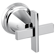 Polished chrome wall-mount tub filler with two rectangular cross handles and curved spout.