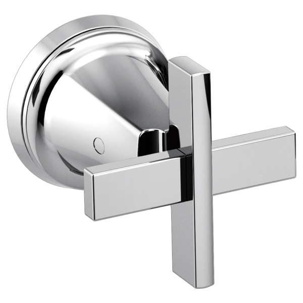Polished chrome wall-mount tub filler with two rectangular cross handles and curved spout.