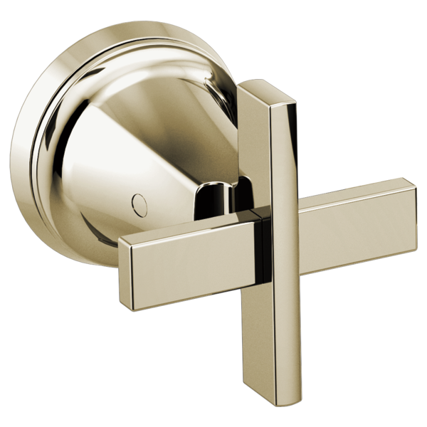 Polished nickel wall-mount tub filler valve with two rectangular cross handles and circular escutcheon plate.