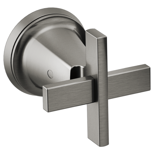 Brushed nickel wall-mount tub filler with two rectangular cross handles and circular escutcheon plate.