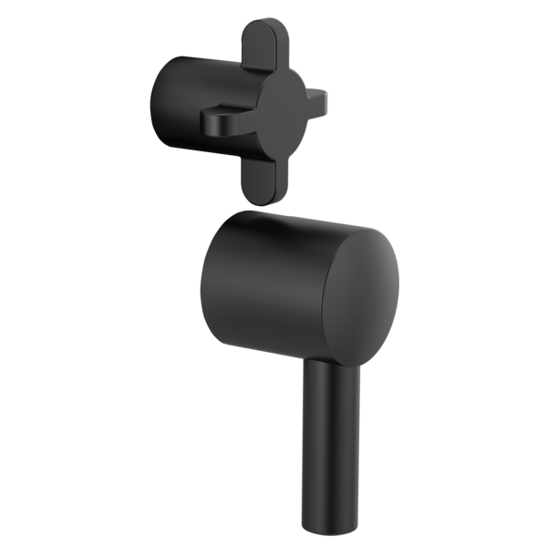 Black matte faucet trim with cross handles and pressure balance valve integrated into cylindrical body.