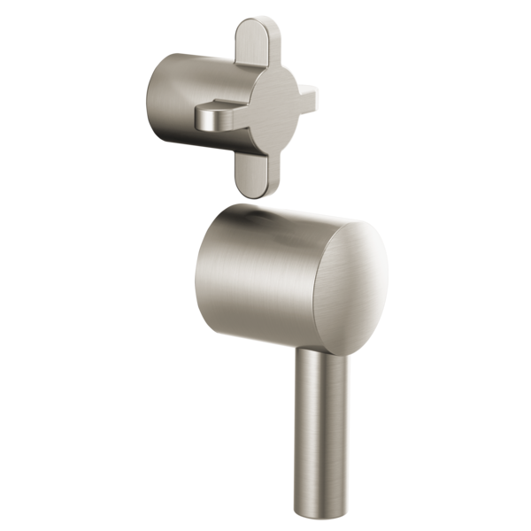 Brushed nickel pressure balance valve trim with cross handles and cylindrical body components.