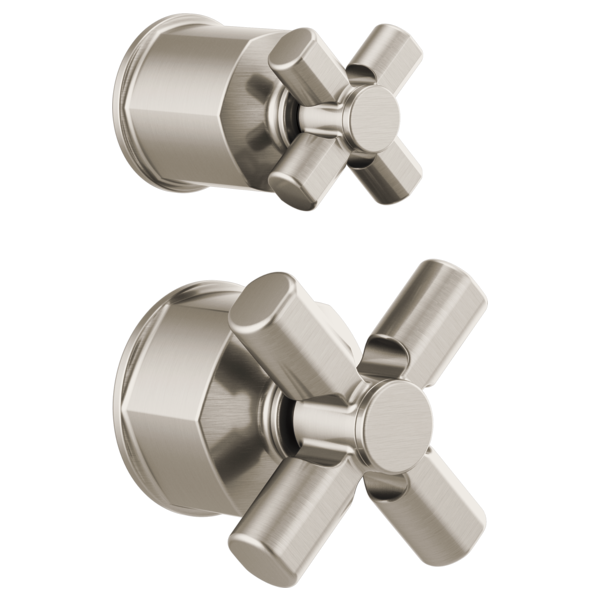Brushed nickel pressure balance valve trim with cross handles shown in two viewing angles.