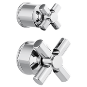 Chrome pressure balance valve trim with cross handles shown in two positions for diverter control.