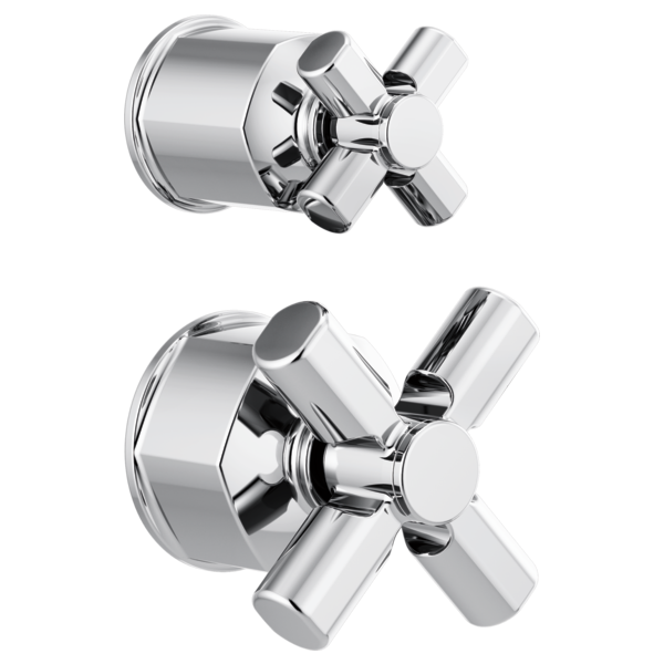 Chrome pressure balance valve trim with cross handles shown in two positions for diverter control.