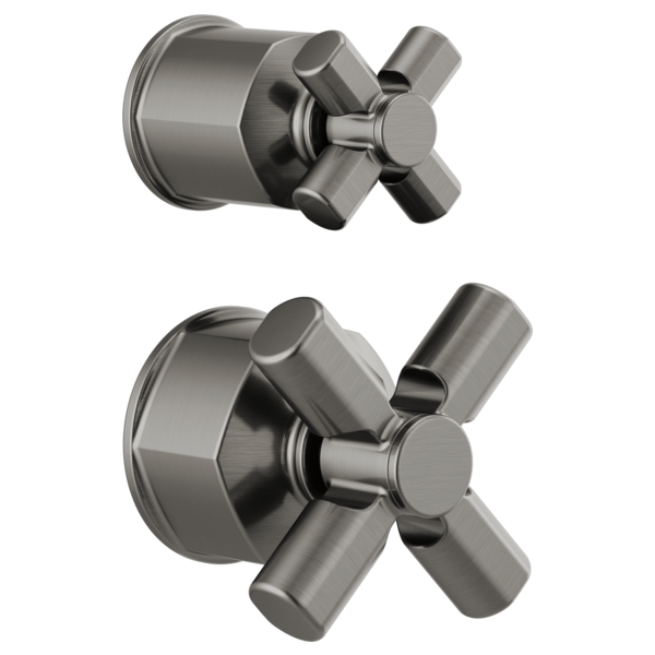 Brushed nickel pressure balance valve trim with cross handles and diverter spout in two orientations.
