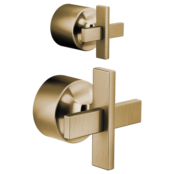 Brushed gold pressure balance valve trim with cross handles and integrated diverter in two mounting configurations.