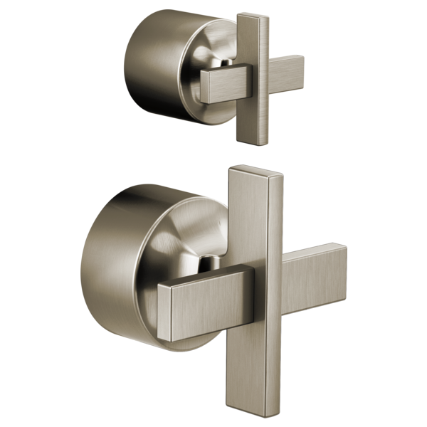 Brushed nickel pressure balance valve trim with cross handles and integrated diverter, shown in two angles.