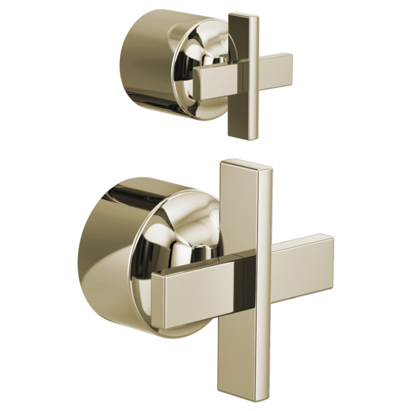 Two-handle pressure balance valve trim with cross handles in brushed nickel finish, shown in diverter and main control config